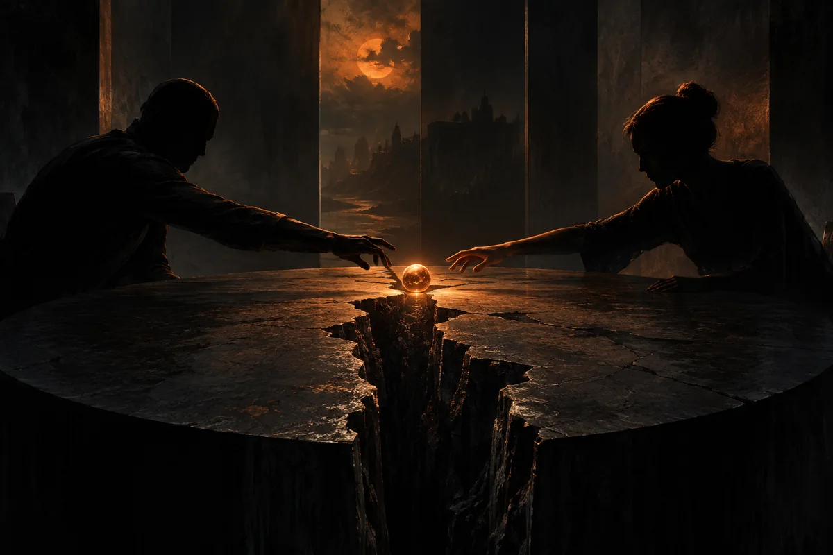 Twee silhouetten reiken naar een gloeiende bol boven een gebarsten tafel.