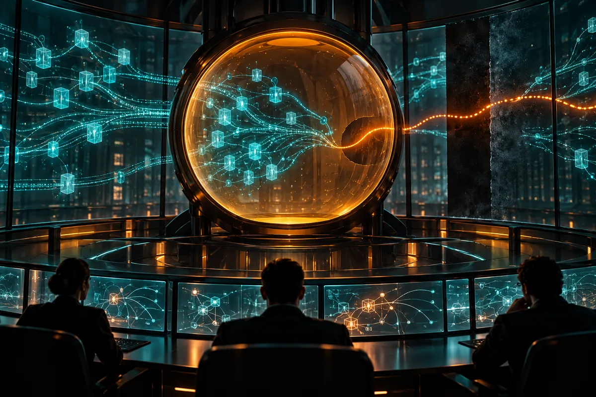 Abstracte illustratie van een AI-agent in een gecontroleerde testomgeving.